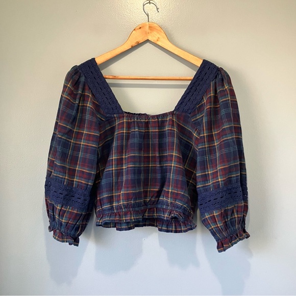 American Eagle Plaid Peasant Top Cropped Square Neck Blouse Small - Picture 9 of 10